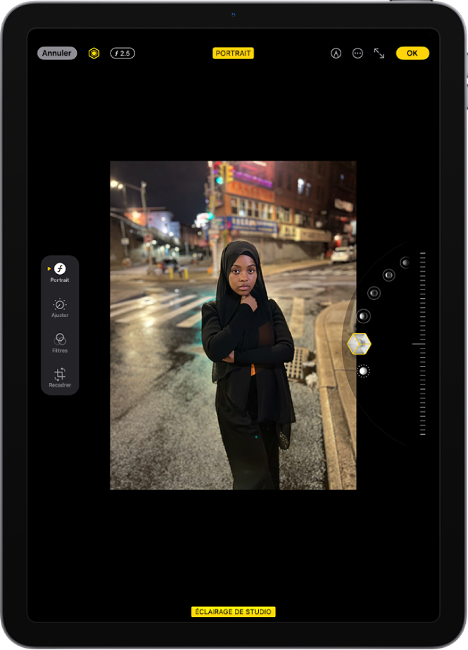 L’écran Modifier d’une photo en mode Portrait. La photo se trouve au centre de l’écran et sur le côté droit de l’écran sont les options de l’effet « Éclairage de portrait ». L’effet « Éclairage de studio » est sélectionné et un curseur permet de régler le niveau de l’effet. Sur le côté gauche de l’écran se trouvent les boutons Portrait, Ajuster, Filtres et Recadrer. Le bouton Portrait est sélectionné.