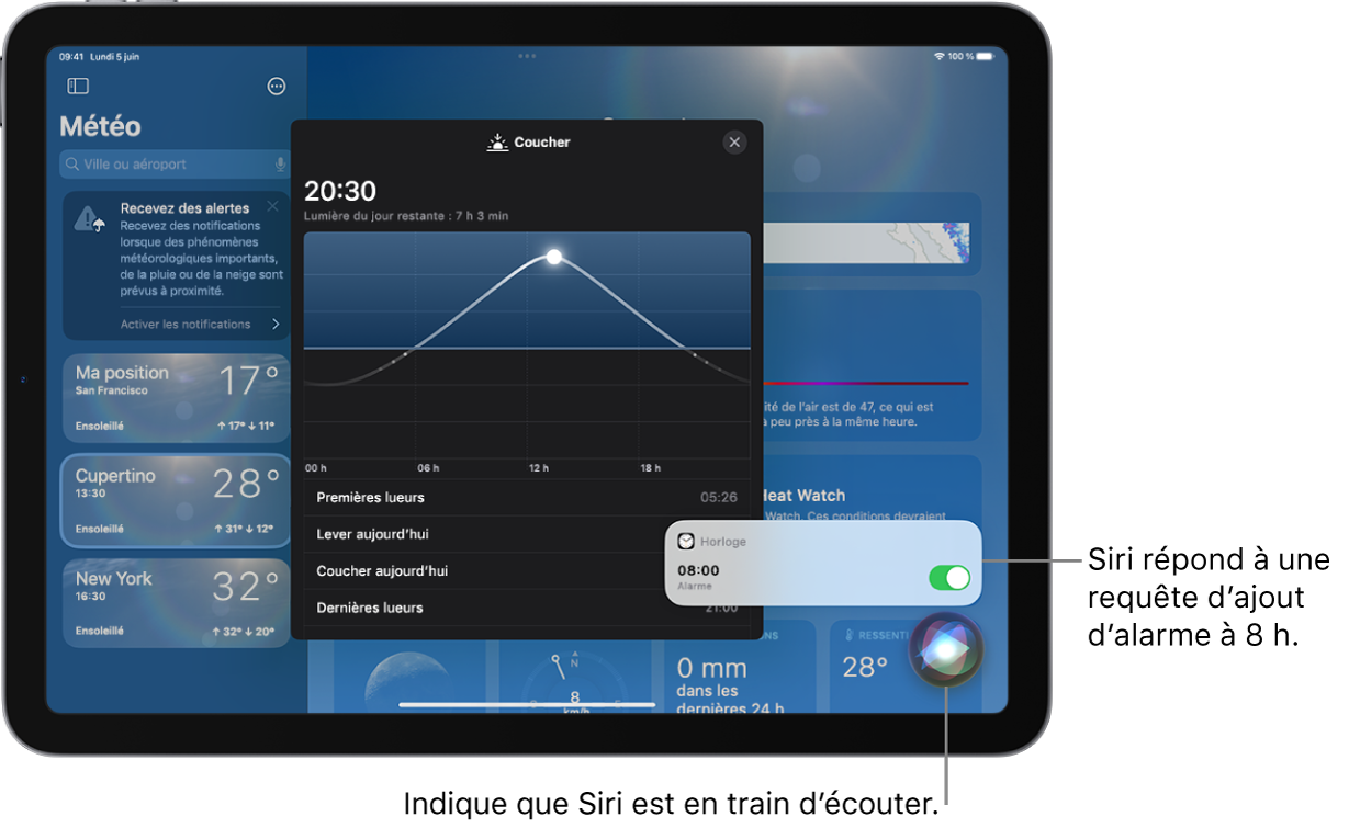 Siri sur l’écran de l’app Météo. En bas à droite, une notification de l’app Horloge indique qu’une alarme est activée pour 8h00. En dessous, une icône indique que Siri est à l’écoute.