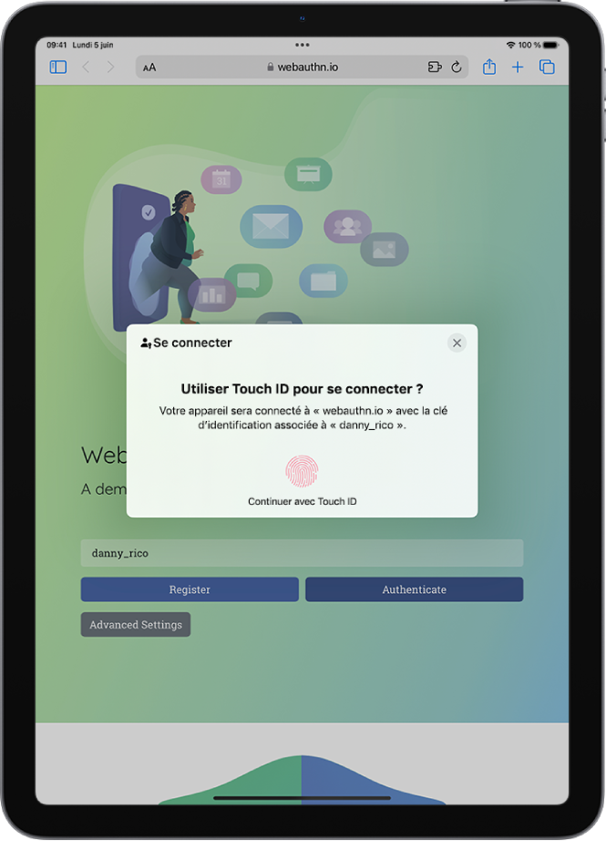 Écran de connexion d’un compte qui utilise Touch ID en complément de la clé d’identification.