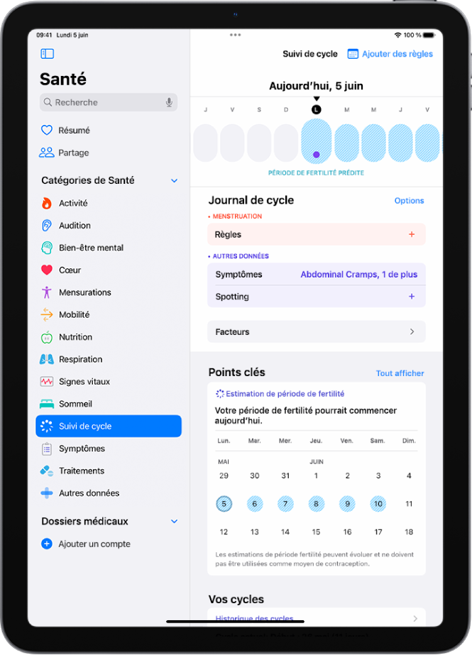 L’écran « Suivi de cycle » avec une chronologie vers le haut indiquant une période de fertilité estimée.