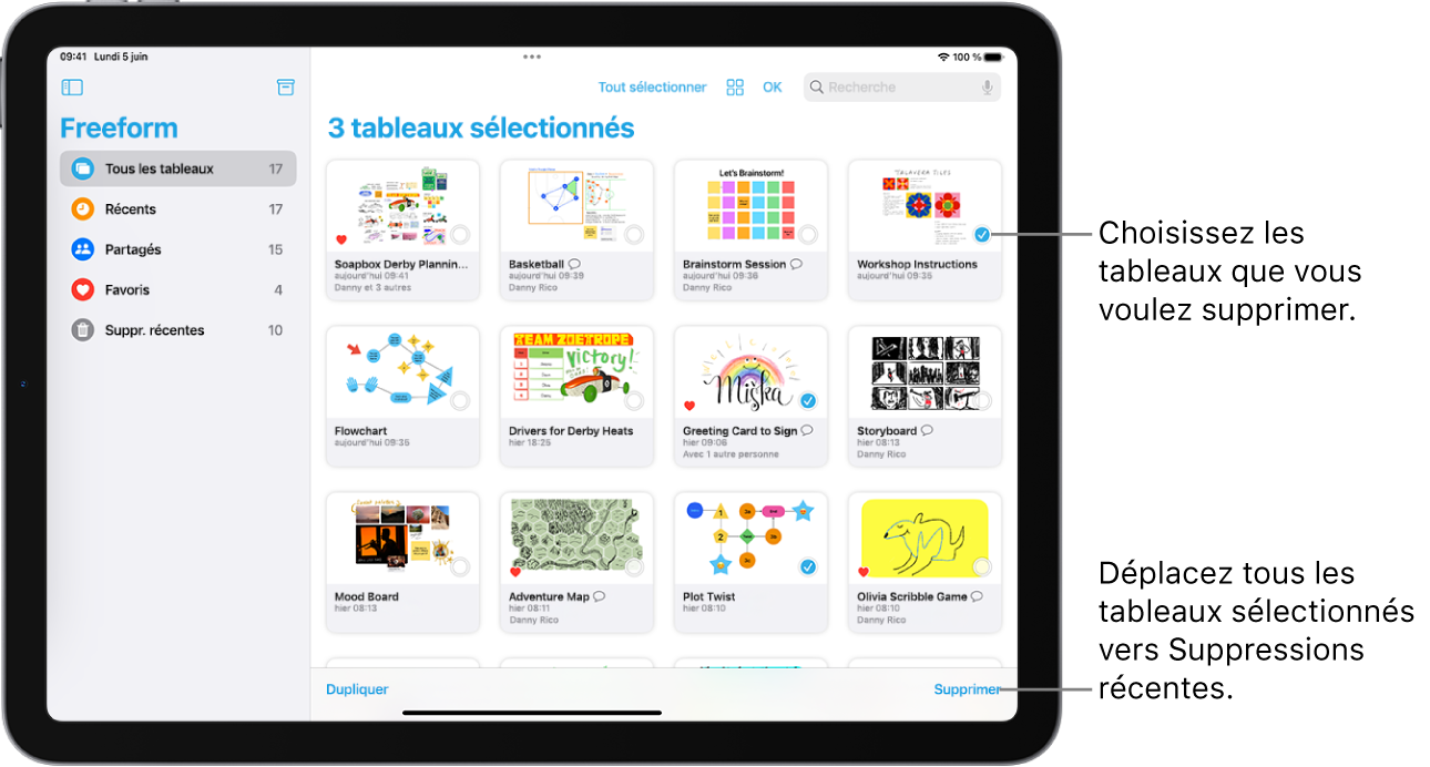 Plusieurs tableaux sont sélectionnés dans la présentation Tous les tableaux de Freeform. Le bouton Supprimer se trouve dans le coin inférieur droit de l’écran.