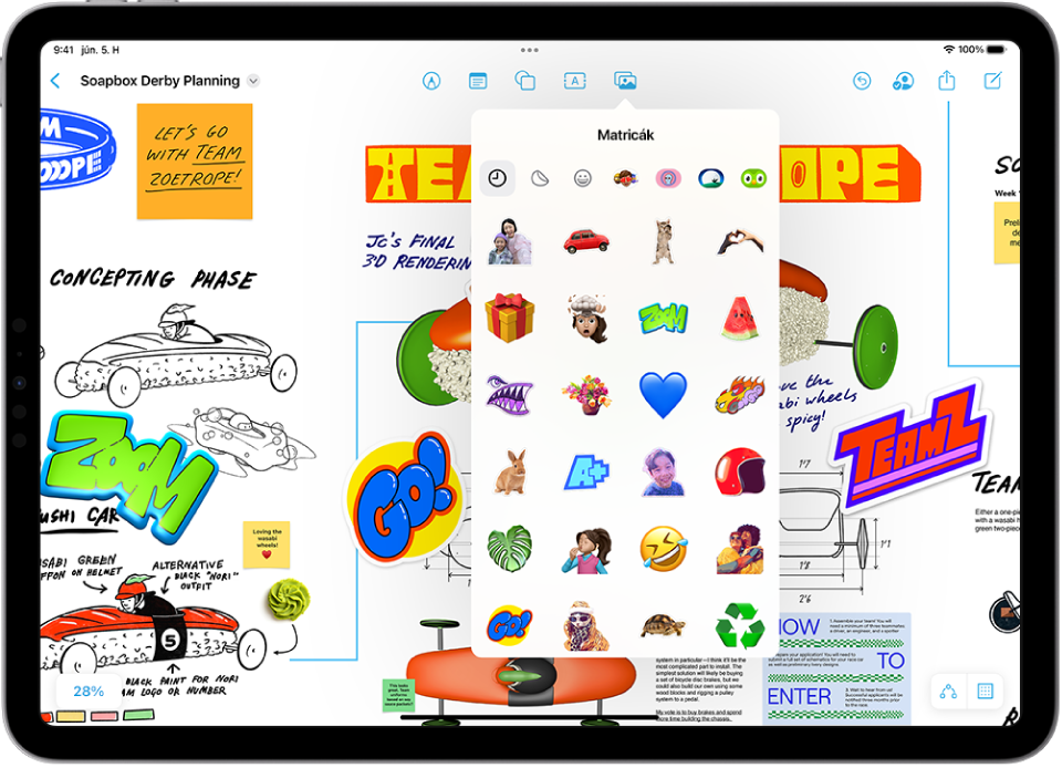 Freeform-tábla a Freeform appban. A Média gomb van kijelölve, és a menüben választható matricák jelennek meg.