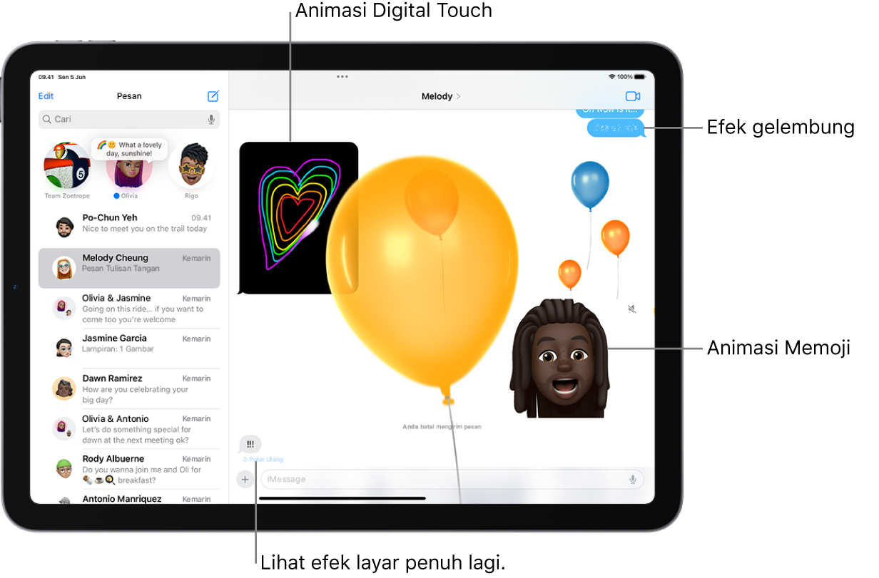 Percakapan Pesan dengan efek gelembung dan layar penuh, serta animasi: Digital Touch dan pesan tulisan tangan.