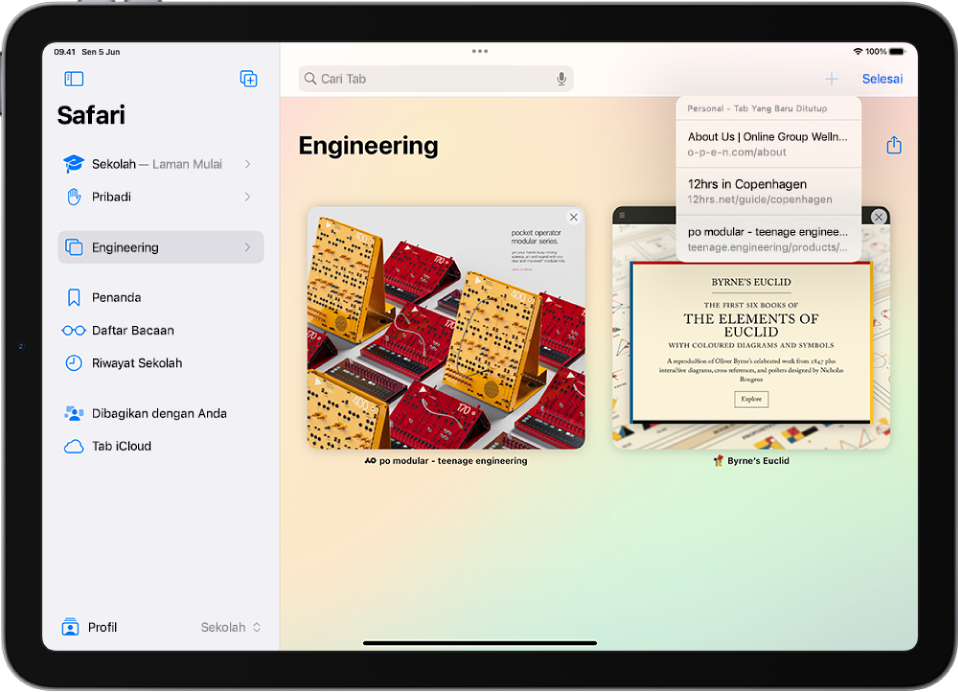 Di Safari, Grup Tab dibuka. Di kanan atas layar, tombol Tab Baru dipilih, dan daftar tiga tab yang baru ditutup terlihat.