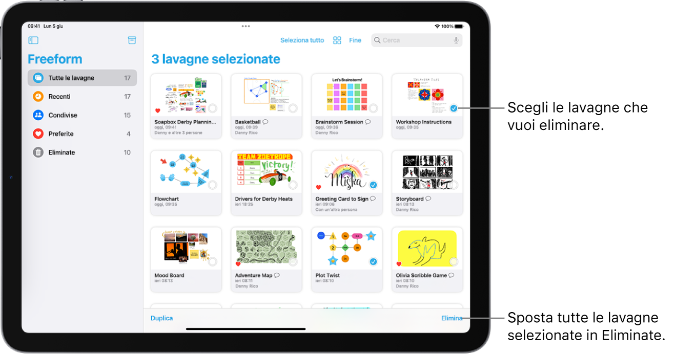 Alcune lavagne sono selezionate nella vista “Tutte le lavagne” in Freeform. Il pulsante Elimina si trova nell’angolo in basso a destra dello schermo.