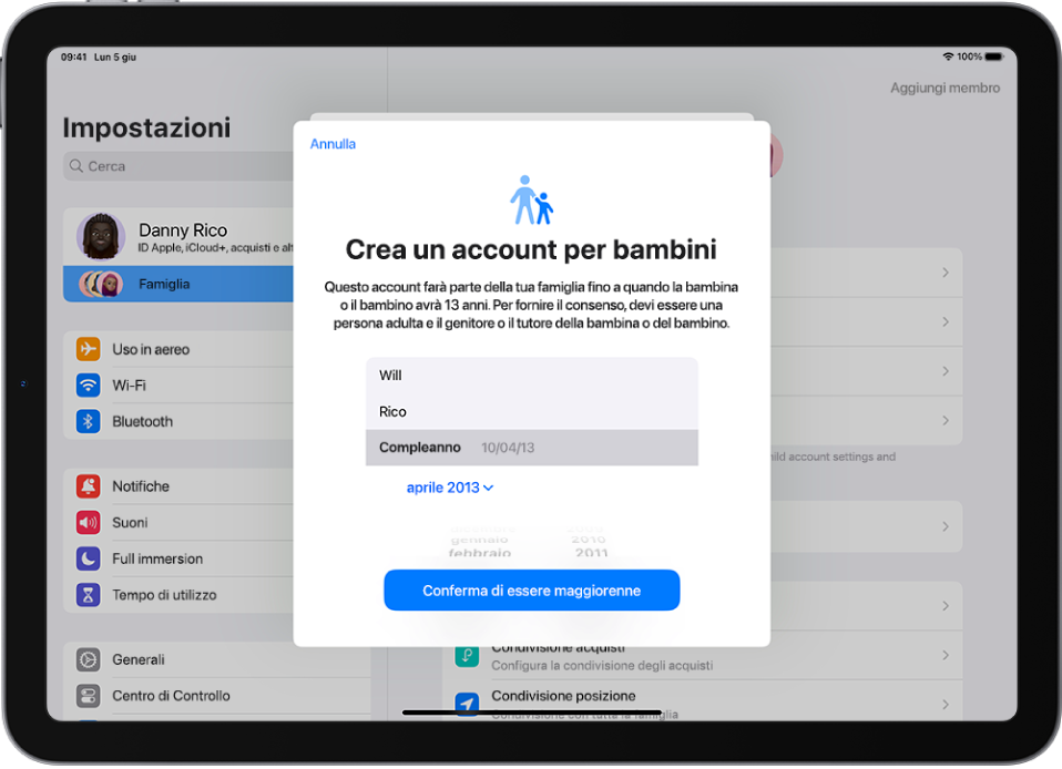 La schermata di “Crea un account per bambini” con campi per il nome, il cognome e la data di nascita.