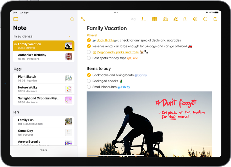 iPad in orientamento orizzontale con l’app Note aperta. La barra laterale mostra un elenco di note con pulsanti in alto per nascondere la barra laterale e gestire la cartella. La nota selezionata nella barra laterale è aperta sulla destra e mostra un elenco di attività per una vacanza in famiglia. Sopra la nota sono presenti i pulsanti per visualizzare la nota a tutto schermo, formattare il testo, aggiungere un elenco di controllo, aggiungere una tabella, aggiungere una foto, condividere la nota, mostrare gli strumenti di scrittura a mano, gestire la nota e creare una nuova nota.