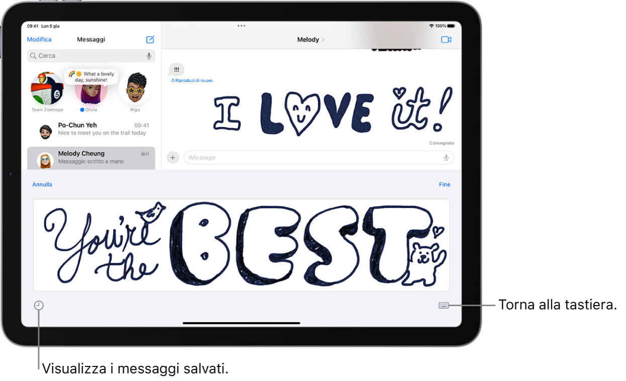 L’area per comporre un messaggio scritto a mano. Il pulsante per visualizzare i messaggi salvati è in basso a destra; mentre in basso a sinistra, c’è il pulsante per mostrare la tastiera.