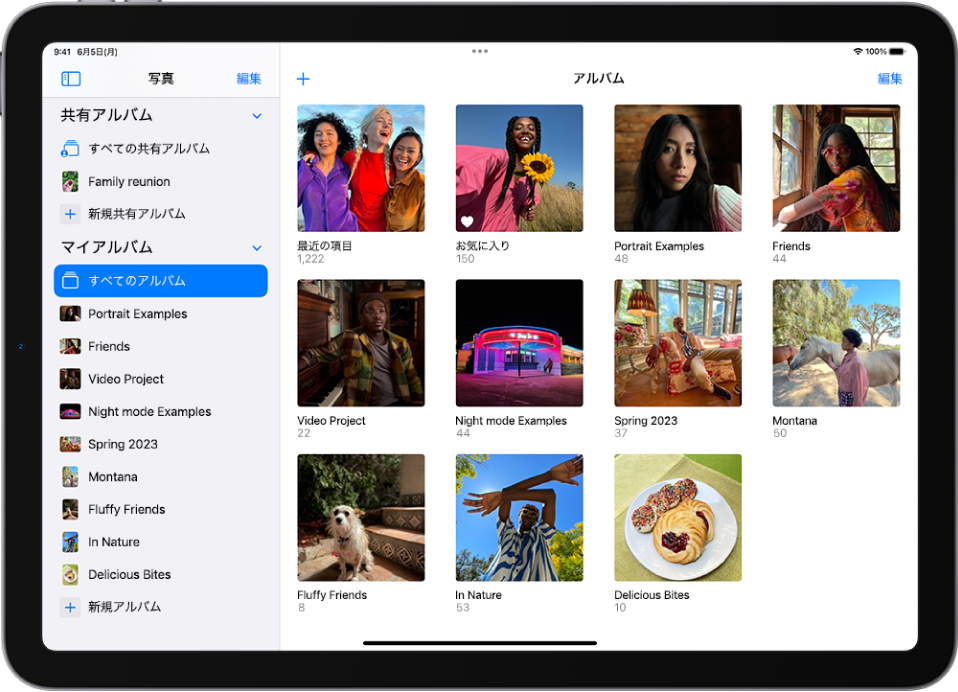 画面の左側で「写真」サイドバーが開いています。「マイアルバム」の見出しの下で、「すべてのアルバム」が選択されています。iPad画面の残りの部分には、アルバムのサムネールがグリッドで表示されています。
