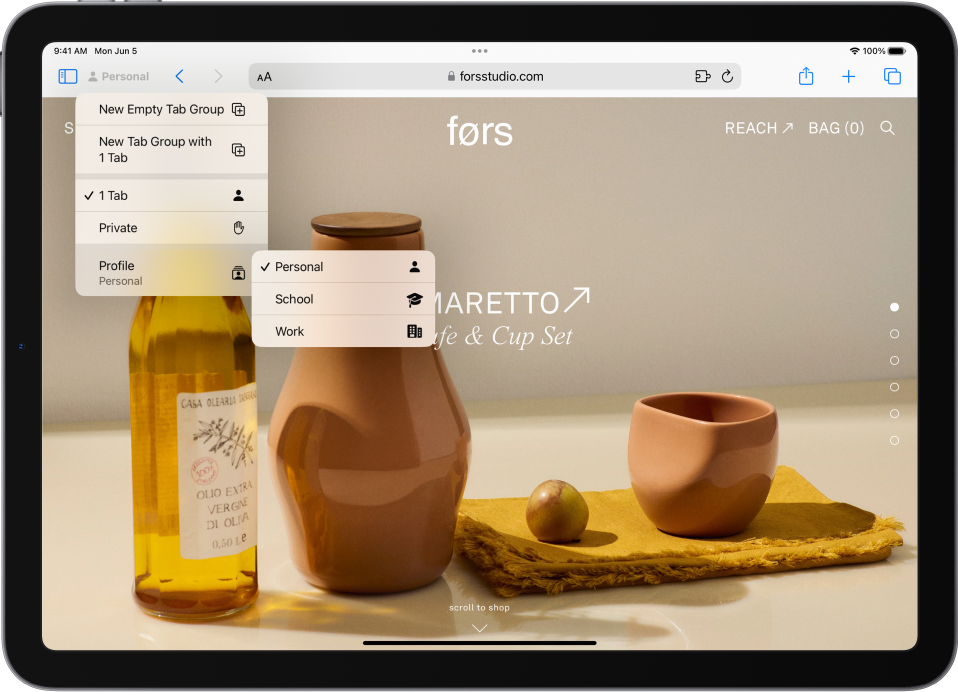 Lietotnē Safari pa kreisi no meklēšanas lauka ir atvērta izvēlne Tab Group. Izvēlnes apakšējā daļā ir atlasīts Profile, un izvēlnē ir redzamas opcijas Personal, School un Work.