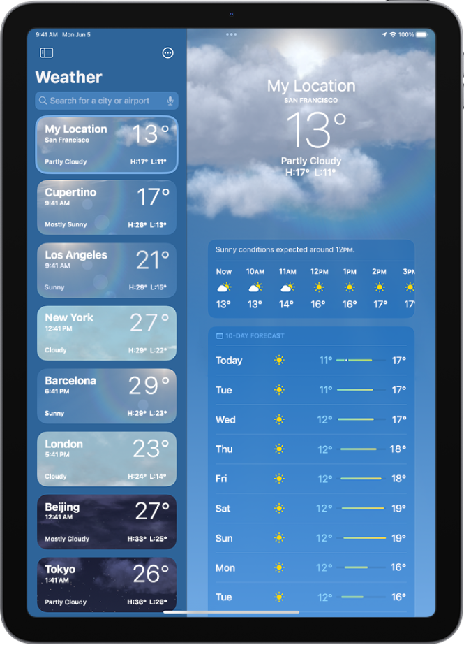 Lietotnes Weather ekrāns, kura kreisajā malā ir redzama sānjosla. Sānjoslā ir pilsētu saraksts, kurā attēlots pašreizējais laiks, temperatūra, prognoze un augstākā un zemākā temperatūra. Saraksta augšdaļā ir atlasīts My Location, un ekrāna labajā pusē ir attiecīgās atrašanās vietas laikapstākļu prognoze un pašreizējā laikapstākļu informācija.