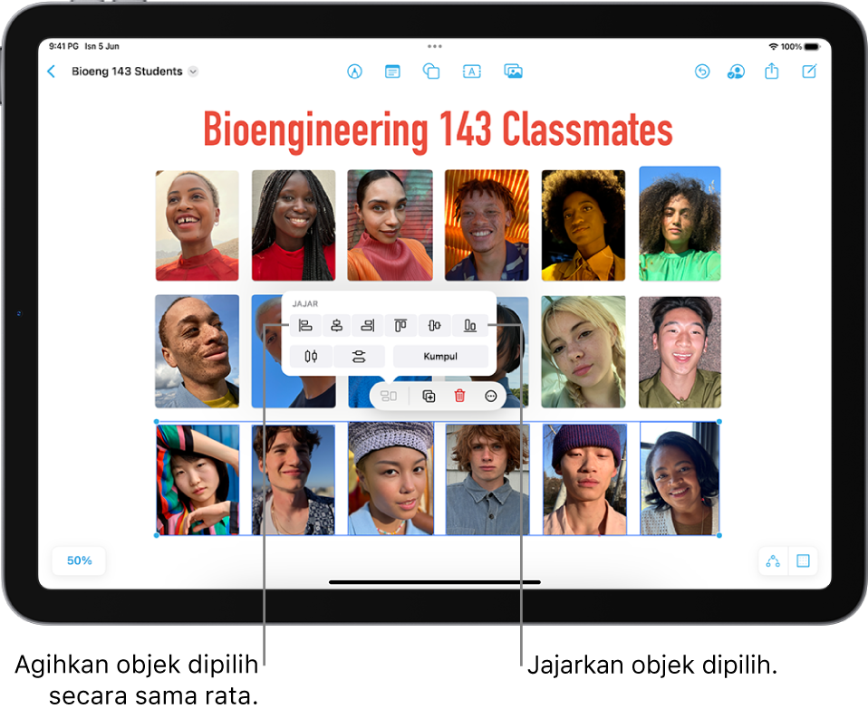 Papan Freeform diisi dengan foto grid. Beberapa foto dipilih dan alat penjajaran dan pengumpulan kelihatan di bahagian atas.