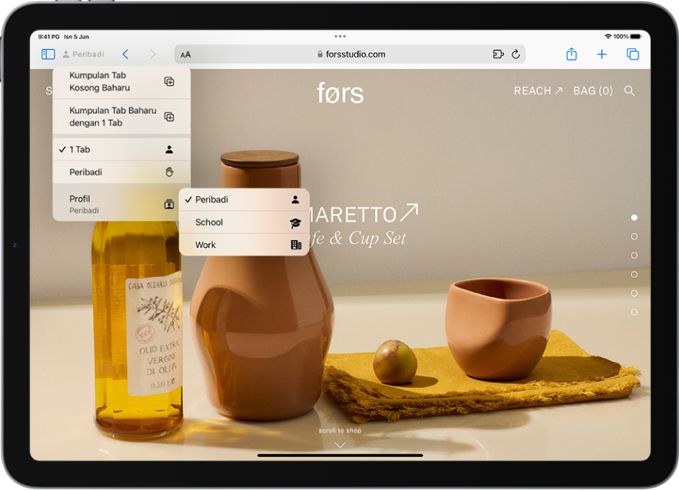 Dalam Safari, menu Kumpulan Tab di sebelah kiri medan carian dibuka. Di bahagian bawah menu, Profil dipilih dan menu menunjukkan pilihan Peribadi, Sekolah dan Kerja.