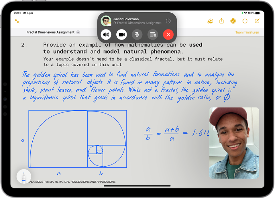 Een FaceTime-gesprek met videobeeld en regelaars van SharePlay.