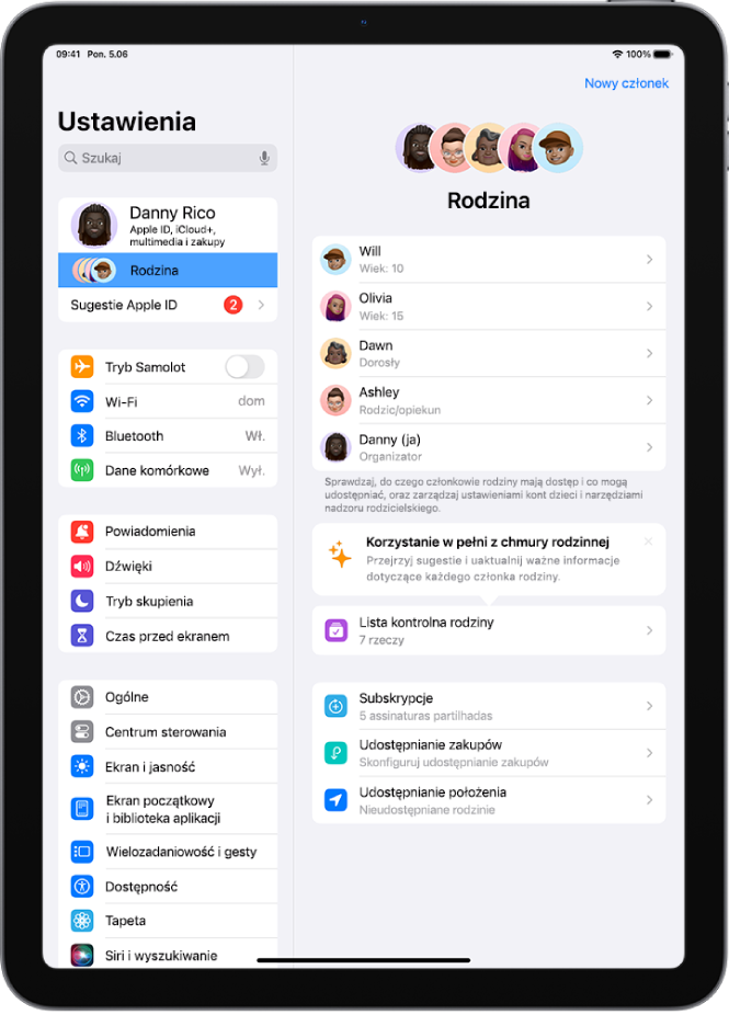 Ekran chmury rodzinnej w Ustawieniach. Widoczna jest lista obejmująca pięcioro członków rodziny oraz udostępniane funkcje.