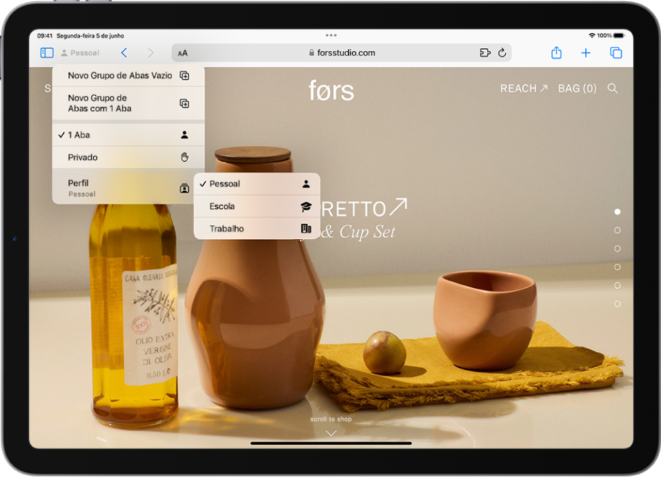 No Safari, o menu Grupo de Abas à direita do campo de busca está aberto. Na parte inferior do menu, Perfil está selecionado e um menu mostra as opções Pessoal, Escola e Trabalho.