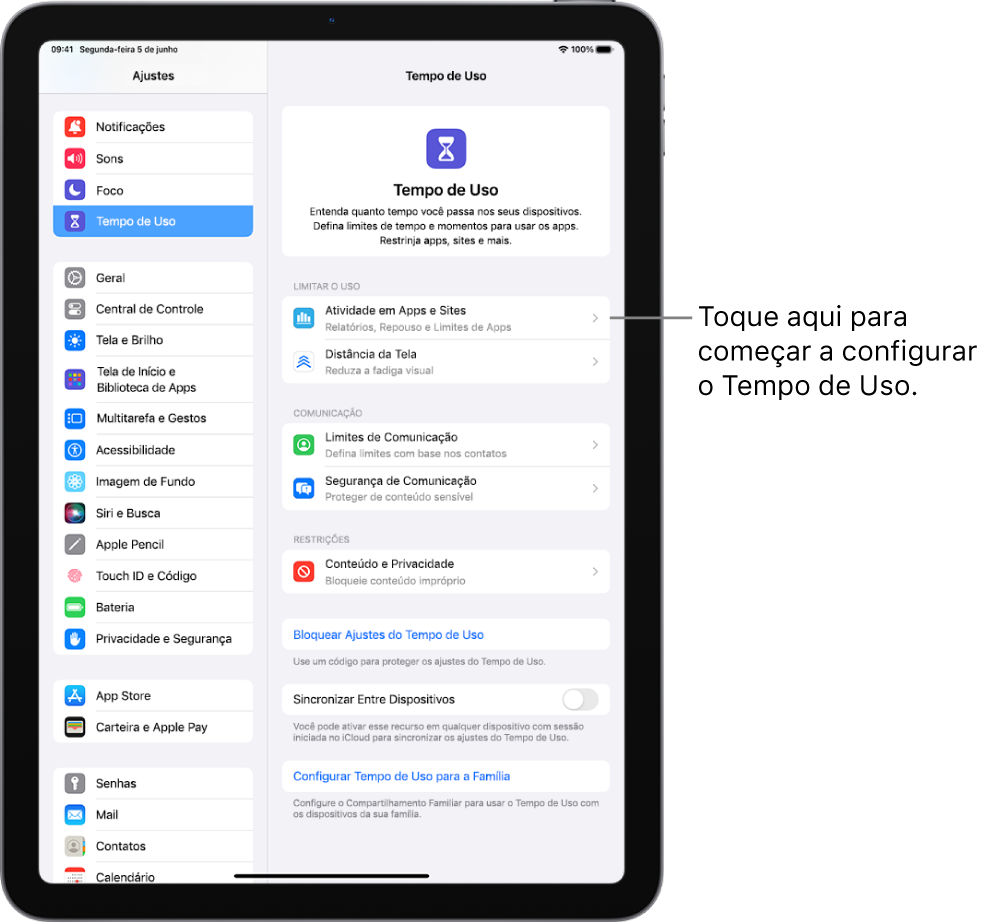 Tela para configurar o Tempo de Uso, mostrando que é preciso tocar em Atividade em Apps e Sites para começar.