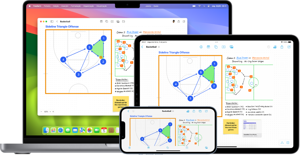 Um Mac, iPad e iPhone com a aplicação Freeform aberta.