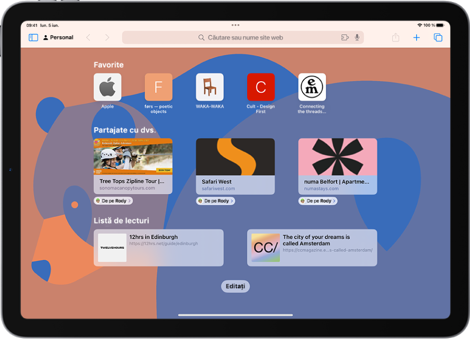 Pagina de pornire în Safari, care afișează site-urile web favorite, site-urile web partajate cu dvs. și site-urile web salvate în Lista de lectură. În partea de jos a ecranului este butonul Editare.