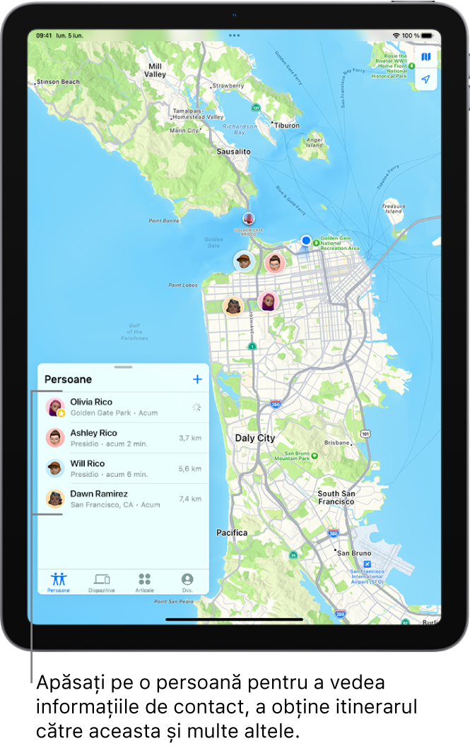 Ecranul Găsire deschis în lista Persoane. Există patru persoane în listă: Maria Raicu, Olivia Raicu, Dana Zamfirescu și Adrian Raicu. Localizările lor sunt afișate pe o hartă a orașului San Francisco.