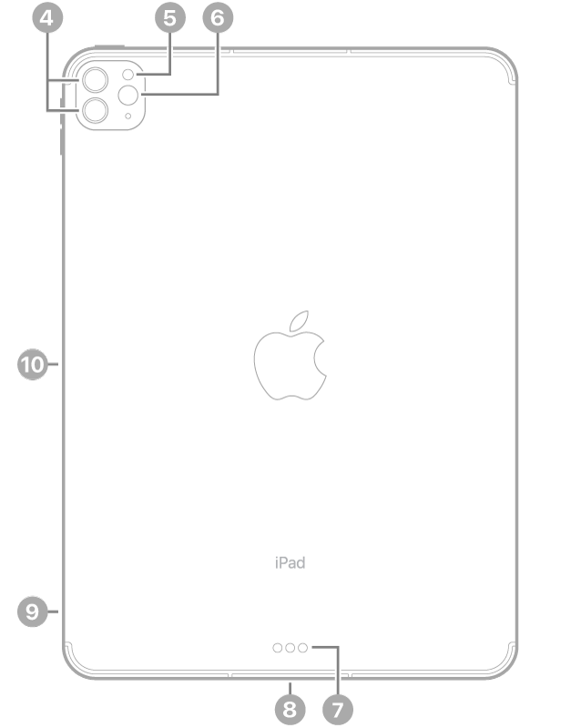 Vedere din spate a unui iPad Pro cu explicații pentru camerele din spate și blițul din stânga sus, conectorul Smart Connector și Thunderbolt / USB 4 în partea centrală jos, compartimentul SIM (Wi-Fi   Cellular) din stânga jos și conectorul magnetic pentru Apple Pencil în stânga.