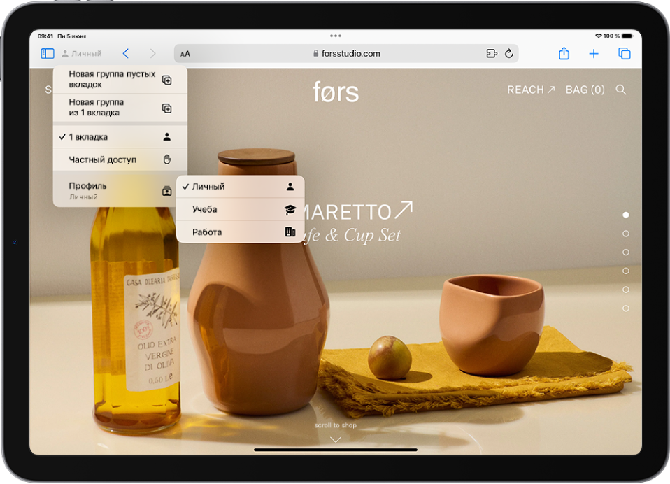 В Safari открыто меню группы вкладок слева от поля поиска. Внизу меню выбран вариант «Профиль» и отображаются варианты «Личный», «Учеба» и «Работа».