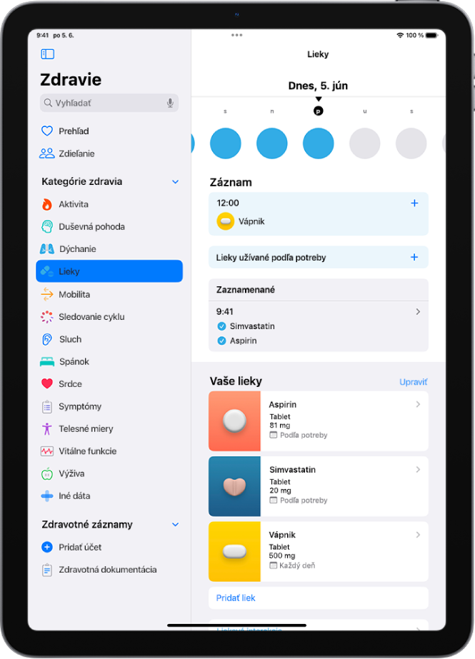 Obrazovka Lieky v apke Zdravie s dátumom a záznamom užitia liekov.