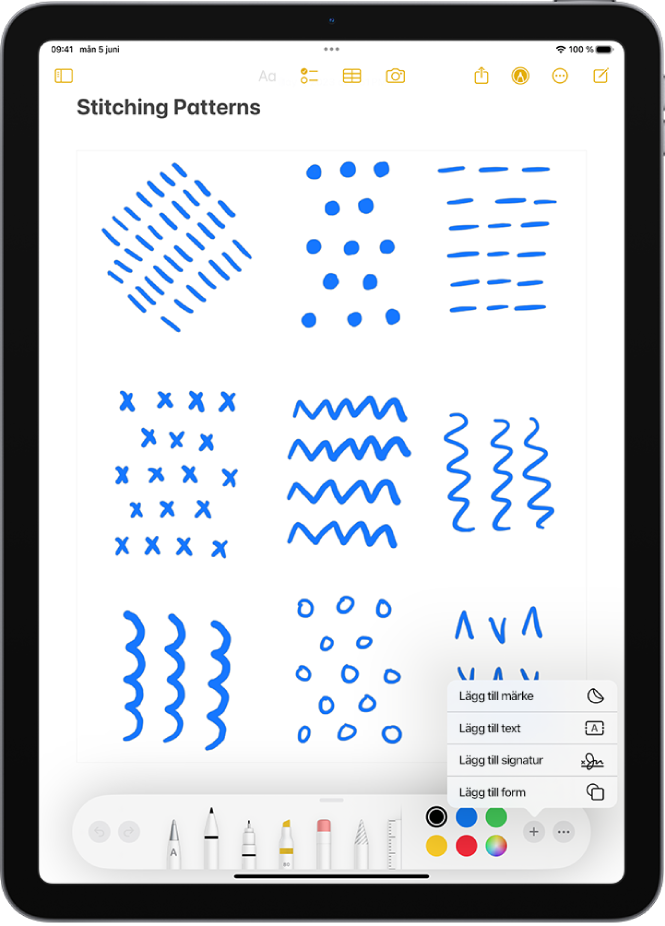 Märkningsverktygsfältet är öppet i nederkanten på en anteckning i appen Anteckningar och Lägg till-knappen i nedre högra hörnet är vald. Följande alternativ är tillgängliga i Lägg till-menyn: Lägg till märke, Lägg till text och Lägg till form.