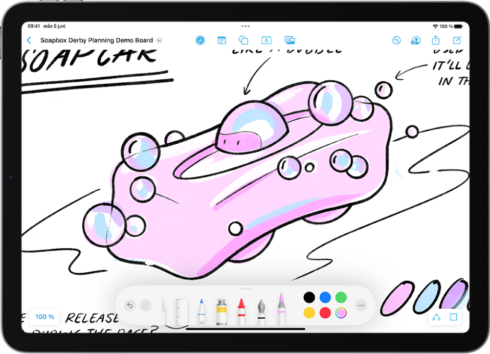 Teckningar och handskriven text på en Freeform-tavla. Ritverktygen visas längs nederkanten.