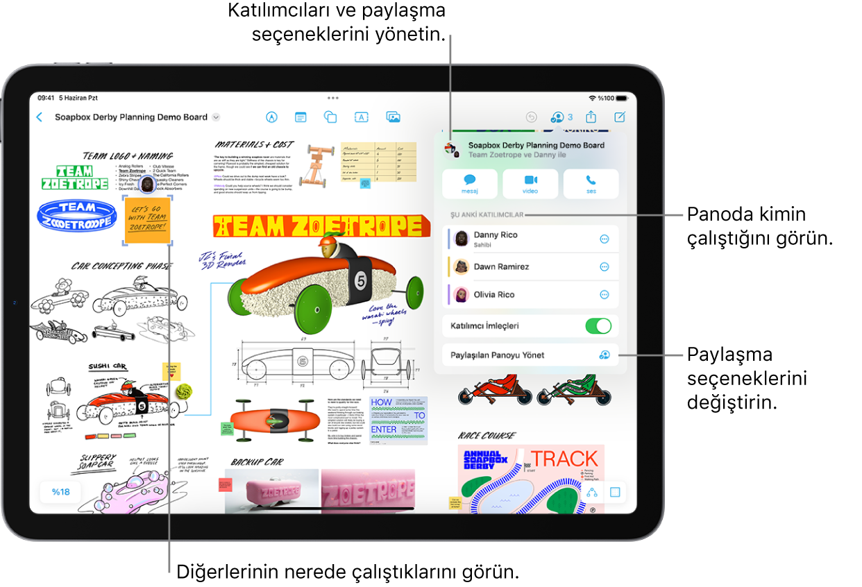 iPad’de ortak çalışma menüsü açık durumda, paylaşılan bir Freeform panosu ve mor onay işaretleri ile işaretlenmiş panoda başka bir katılımcının konumu.