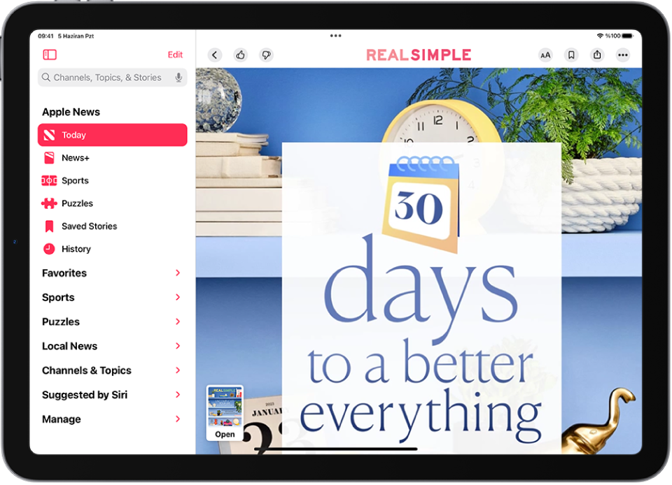 Apple News ’tan bir dergi yazısı: sol alt köşede derginin küçük resim görüntüsü var. Kenar çubuğu sol tarafta ve Today vurgulanıyor.