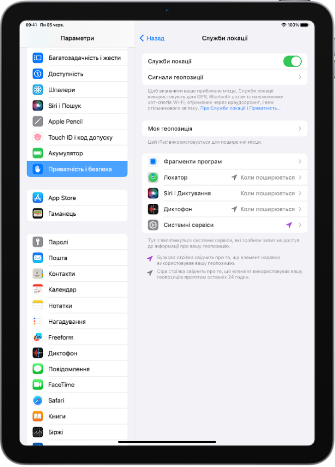 Параметри Служб локації в розділі «Приватність і безпека» з опціями поширення геопозиції iPad, включно з власними параметрами для певних програм.