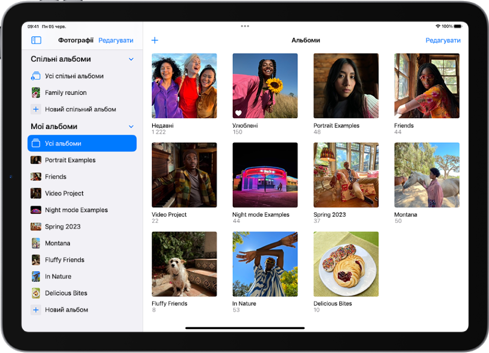 З лівого боку екрана відкрито бічну панель «Фото». Під заголовком «Мої альбоми» вибрано «Усі альбоми». На решті екрана iPad — мініатюри альбомів, розташовані у вигляді сітки.