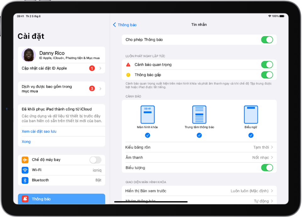 iPad với cài đặt Tin nhắn cho thông báo và cảnh báo.