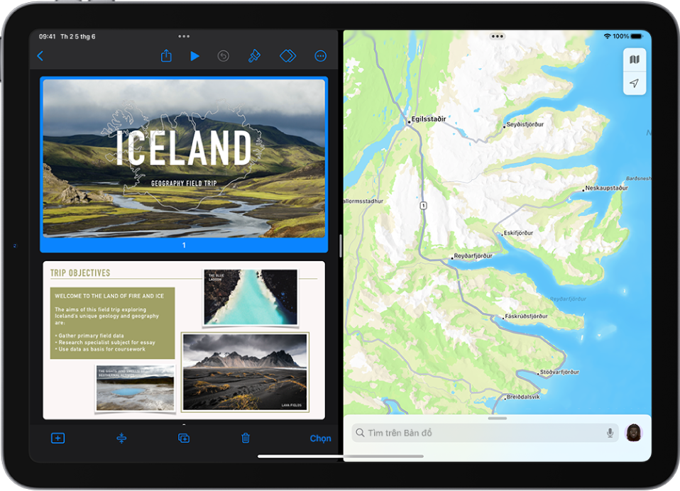 Ứng dụng Keynote được mở ở bên trái của màn hình và ứng dụng Bản đồ được mở ở bên phải. Giữa các ứng dụng là một vạch chia có thể điều chỉnh để định cỡ lại Split View.