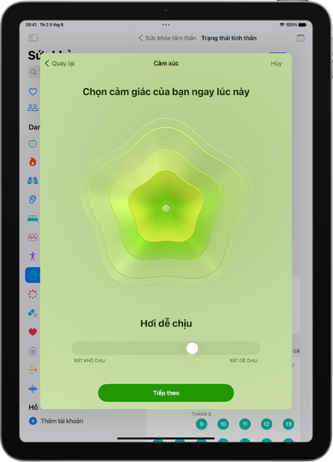 Một màn hình trong ứng dụng Sức khỏe đang xác định tâm trạng hiện tại là Hơi dễ chịu. Ở cuối màn hình là một thanh trượt để điều chỉnh mức độ của cảm xúc.