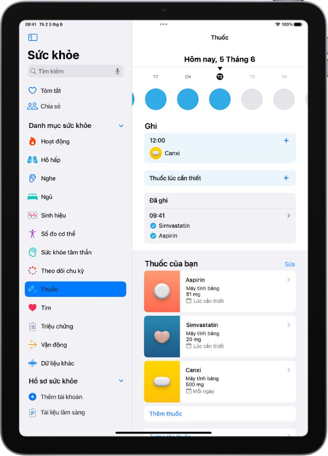 Màn hình Thuốc trong Sức khỏe đang hiển thị ngày và một bản ghi cho các loại thuốc.