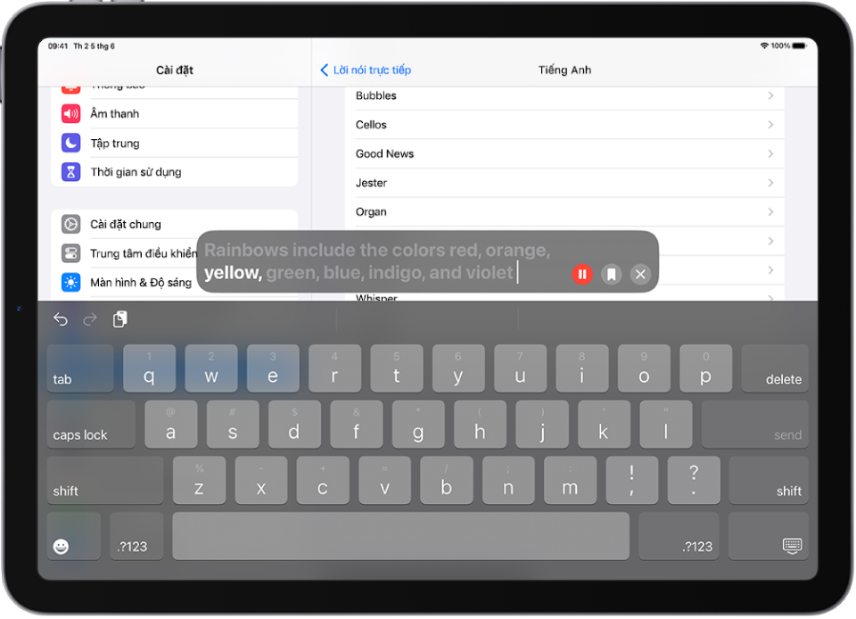 Tính năng Lời nói trực tiếp trên iPad đọc to bất kỳ văn bản nào được nhập.
