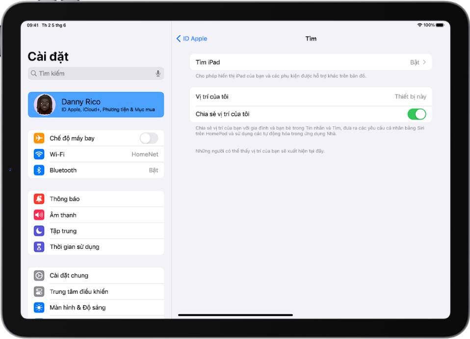Thanh bên Cài đặt ở bên trái của màn hình và tùy chọn trên cùng với tên của người dùng được chọn. Ở bên phải của màn hình là các tùy chọn để chọn các tính năng sẽ bật của ứng dụng Tìm. Tìm iPad và Chia sẻ vị trí của tôi được bật.