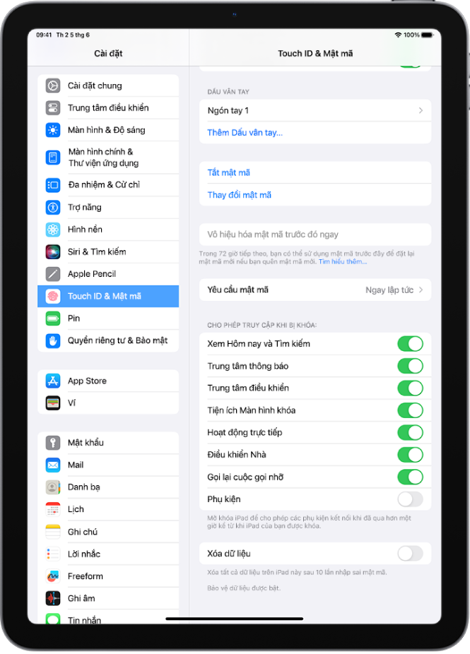 Cài đặt Touch ID & Mật mã, với các tùy chọn để cho phép truy cập vào các tính năng cụ khi iPad được khóa.