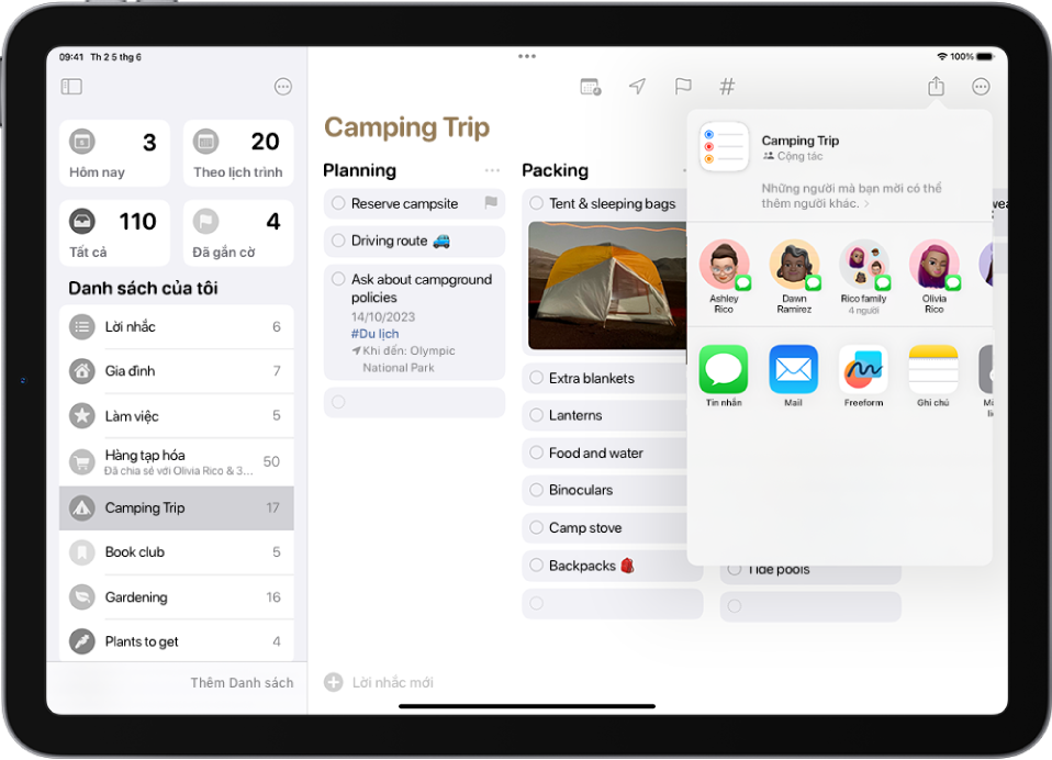 Một màn hình Lời nhắc đang hiển thị một danh sách. Các tùy chọn để chia sẻ danh sách nằm ở bên phải.