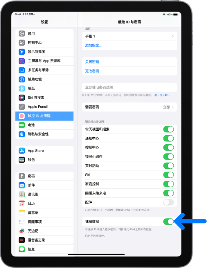 “抹掉数据”控制，位于“设置”中的“触控 ID 与密码”屏幕底部。