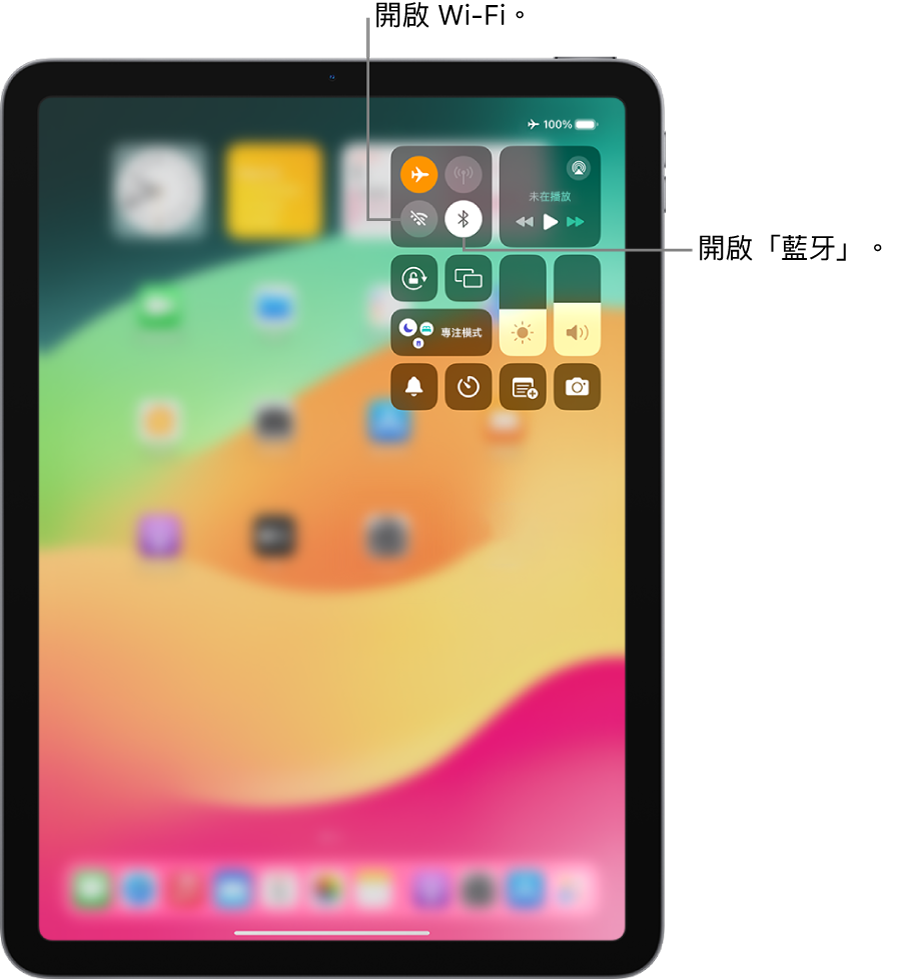 iPad 「控制中心」顯示已開啟飛航模式。開啟 Wi-Fi 和藍牙的按鈕位於「控制中心」左上角附近。