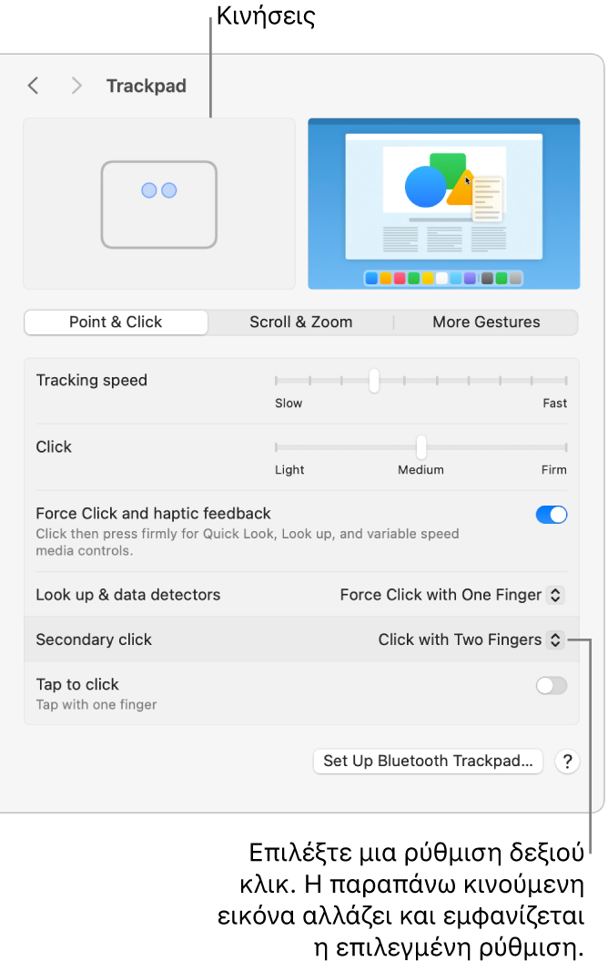 Οι επιλογές επιφάνειας αφής στις Ρυθμίσεις συστήματος που εμφανίζουν την επιλογή δευτερεύοντος κλικ να έχει οριστεί σε «Κλικ με δύο δάχτυλα» και την αντίστοιχη κίνηση.