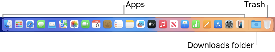 The Dock showing icons for apps, the Downloads stack and the Trash.