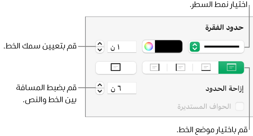 عناصر التحكم الخاصة بتغيير نمط الخط، السُمك، الموضع، واللون.