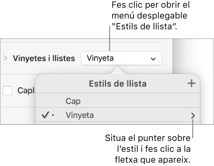 La finestra emergent “Estils de llista” amb un estil seleccionat i una fletxa a l’extrem dret.