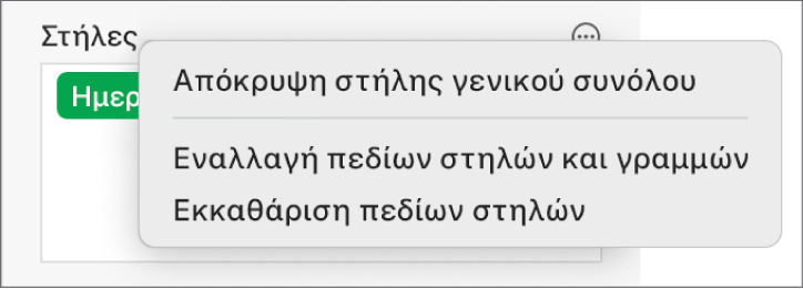 Το μενού «Περισσότερες επιλογές πεδίων» όπου εμφανίζονται τα στοιχεία ελέγχου για απόκρυψη των γενικών συνόλων, το πεδίο «Εναλλαγή πεδίων στηλών και γραμμών» και το πεδίο «Εκκαθάριση».