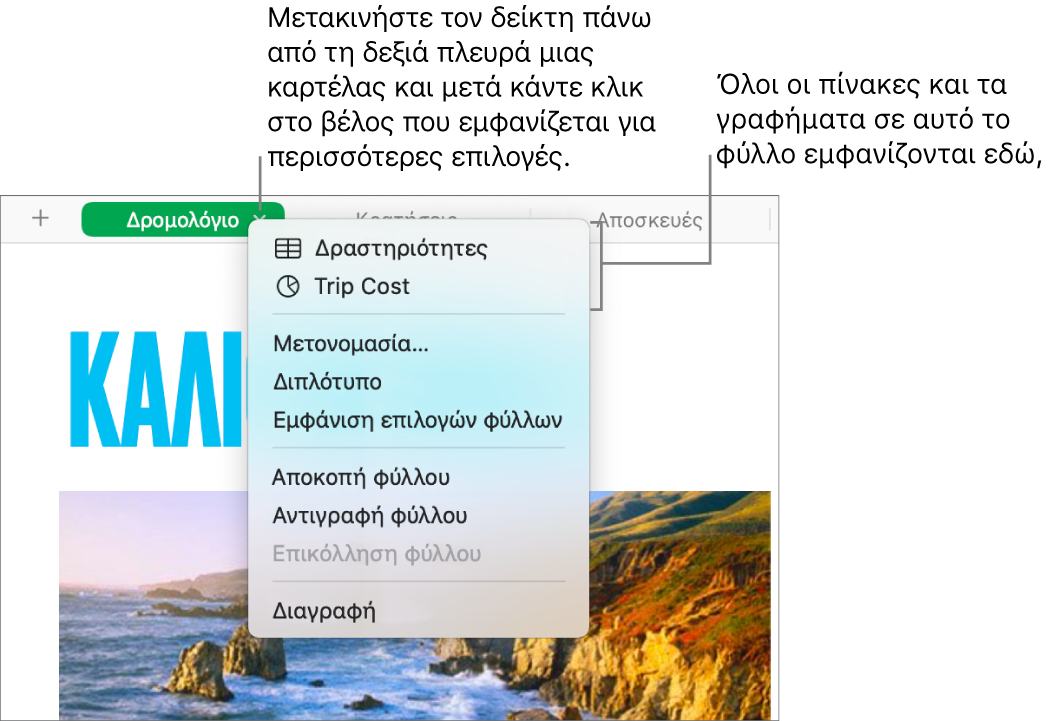 Μια καρτέλα υπολογιστικού φύλλου με ανοιχτό το μενού συντόμευσης, το οποίο εμφανίζει επιλογές όπως η επιλογή «Διπλότυπο».