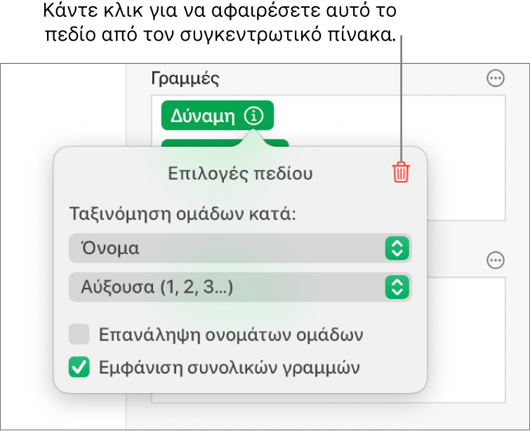 Το μενού «Επιλογές πεδίων» όπου εμφανίζονται τα στοιχεία ελέγχου για ομαδοποίηση και ταξινόμηση δεδομένων, καθώς και η επιλογή αφαίρεσης πεδίου.